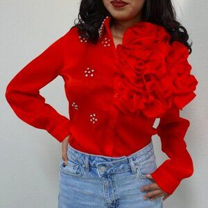 WOMEN FLORAL APPLIQUE EMBELLISHED BLOUSE/ FASHION/OFFICE BLOUSE/ ELEGANT - RED